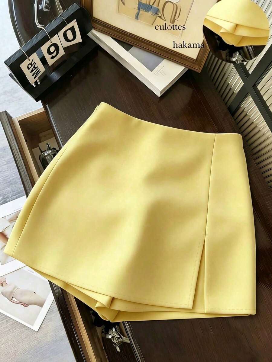 Women's High-Waisted Shorts/Skirt/Culottes Made Of Soft, Textured Fabric With A Slit, Versatile For Work Or Casual Wear, In Grey, For Spring/ - Yellow - View 1