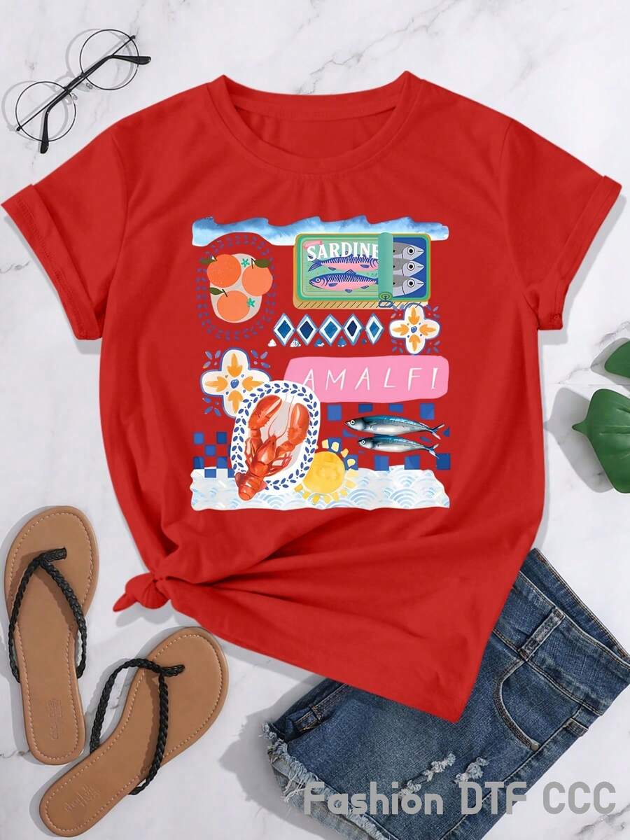 Camiseta Casual de Vacaciones para Mujer, Estilo Y2K, Elegante y Hermosa, de Algodón Puro, Camiseta de Moda para Mujer, Top de Manga Corta, Estilo Hip-Hop Urbano, Casual, Transpirable, Estampada, para Playa, Viajes, Gimnasio, Verano, Deportes al Aire Libre, Regalo, Estampado Estilo Amalfi, Elemento de Sardinas y Mariscos, Estilo de Viaje y Vacaciones, Lleno de Diseño, Adecuado para Uso Diario, Camiseta de Talla Grande para Salir y Vestir en la Calle. - Rojo - Ver 1