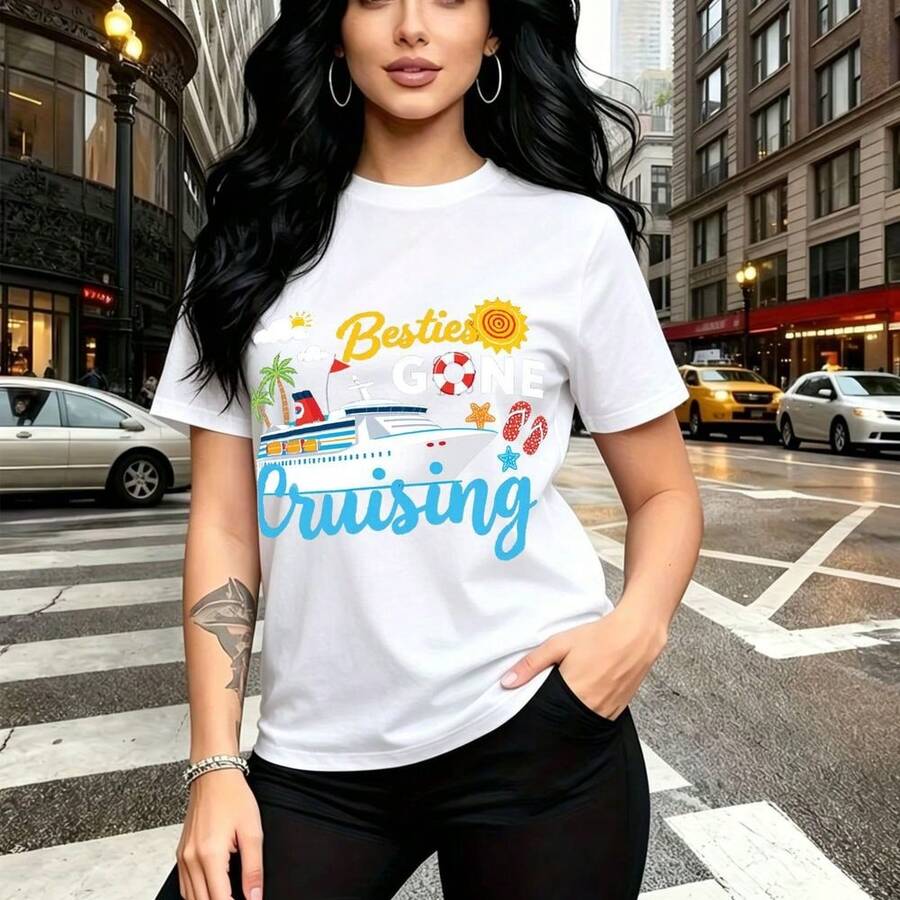 Camiseta de mujer con estampado "Besties Gone Cruising" que incluye barco de cruceros, palmeras y sol - camiseta casual de manga corta con ajuste cómodo y estilo divertido para el verano - ideal para vacaciones en crucero, salidas con amigas y regalo - Blanco - Ver 1