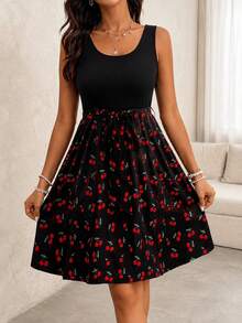 Casual Fashionable Women's Ditsy Floral Camisole Dress With Tie Waist Belt Elegant Vacation Black Summer - Black - View 1