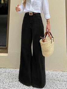 Jeans de cintura alta estilo "American Baddie", jeans rectos de pierna suelta con estilo retro para mujeres, de uso casual en todo el año en color negro - Negro - Ver 1