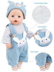 4pcs 16-18in Children's Doll Rabbit Theme Outfit, Striped Top + Rabbit Ear Overalls + Hat + Socks, Playful Dress-Up Clothes, Ideal Birthday Gift For Kids (Doll Not Included) - Multicolor - View 1