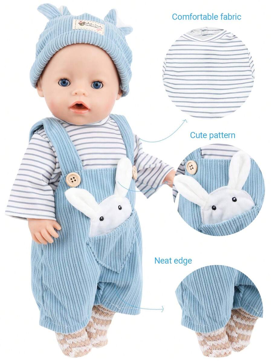 4pcs 16-18in Children's Doll Rabbit Theme Outfit, Striped Top + Rabbit Ear Overalls + Hat + Socks, Playful Dress-Up Clothes, Ideal Birthday Gift For Kids (Doll Not Included) - Multicolor - View 1