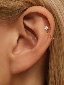 1pc Women's Tassel 925 Sterling Silver Ear Studs, Classic Cartilage/Helix/Conch Earring, Flat Back, Suitable For Daily Wear And Party, Exquisite Jewelry - Gold - View 4