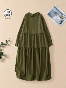 Corduroy Loose Long Sleeve Collared Dress, Winter Dress, Elegant Dresses For Women - Army Green - View 2