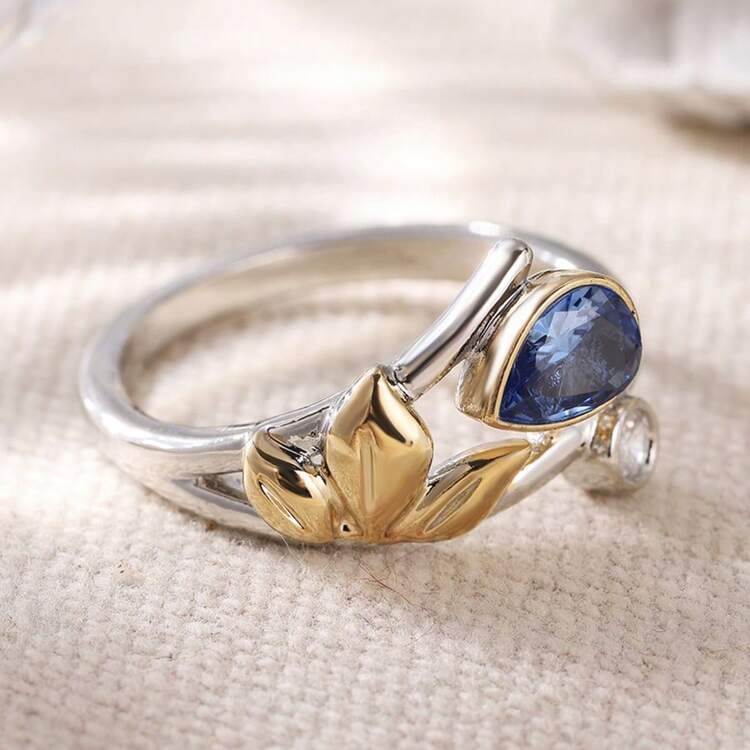 Two-Tone Branch And Leaf Water Drop Zirconia Ring, Elegant Artistic Style, Versatile Accessory For Commute And Daily Wear - Silver - View 3