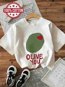 1 Piece, 100% Cotton, A 100% Cotton Loose T-Shirt, Summer Short Sleeve And Crew Neck T-Shirt, Women's Short Sleeve And Crew Neck T-Shirt, Solid Color, Olive Green With Branch, Heart And Letter Patterns, Suitable For Vacation, Daily Casual Wear, Street Wear, White Clothing For Women, Oversized Curved Top, Loose Top For Spring And Summer, 100% Cotton Top, Women's Short Sleeve T-Shirt Pattern, Soft And Comfortable, Daily Wear, Street Wear, Y2k, Beach, Gradient, Vacation, Top, Summer, Spring, -Shirt, Gym, Sports, Party Top, Vintage, Carnival, San, Maija, Women's Top, Women's Clothing, Spring Outfit, Women's Funny T-Shirt For Summer, Vacation, Casual, Car, Women's Clothing For Easter, Carnival, All Seasons, Office/Lounge/Home, Simple, Women's Western Style Clothes, American Retro Style, Outerwear, Autumn, Plus Size, Summer Style T-Shirt. - White - View 1