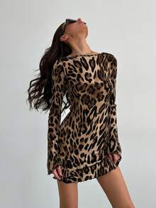 Vestido leopardo espalda descubierta volantes lazos retro - estampado de leopardo - Ver 2