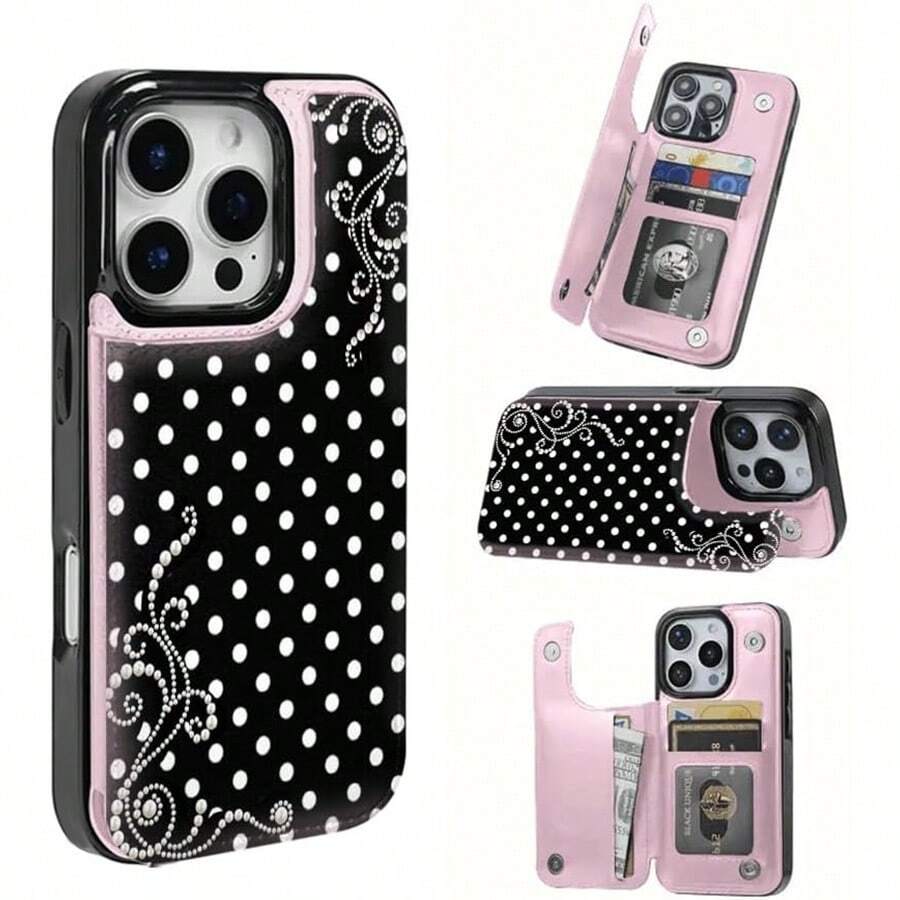 Pearl Polka Dot Dream Patterned Card Holder Leather Case Is Compatible With IPhone 17 Pro Max/Air/16/15/14/13/12/11.For Samsung S22/S23/S24/25. It's An Ideal Gift For Christmas, Valentine's Day, And New Year's, Perfect For Boyfriends, Girlfriends, And Family. - 粉色 - 查看 1