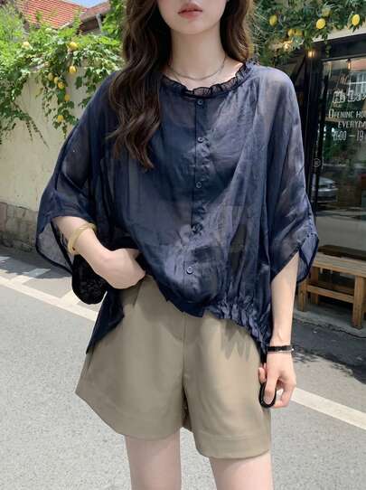 宽松蝙蝠袖修身休闲亚麻衬衫，春季款
