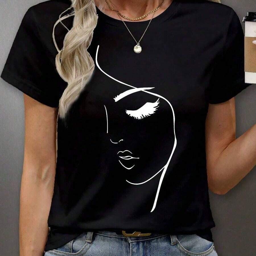 Women's T-Shirt With A Face Graphic And Simple Line Drawing, Short-Sleeved, Suitable For Summer And Autumn. Graphic T-Shirts For Women, Tops Made Of 100% Cotton, Crew Neck T-Shirt, Soft Texture, Lightweight And Breathable For Spring, Summer, And Autumn. Women's Crew Neck T-Shirt, Short-Sleeved Seasonal Fashion Cotton Unisex T-Shirt, Comfortable Unisex Short-Sleeved Shirt. - 黑色 - 查看 1