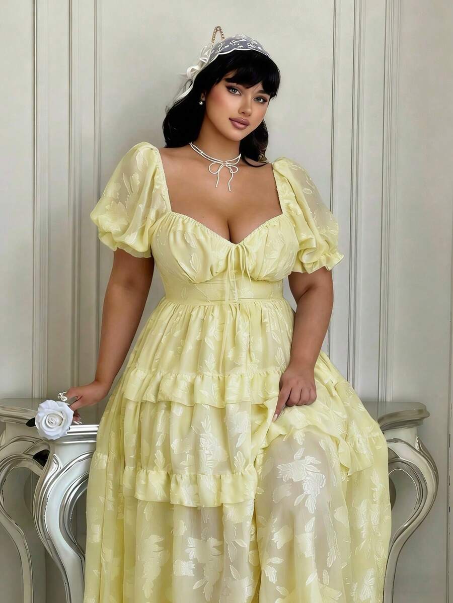 Lyrianda Vestido formal elegante de manga larga con lazo decorativo, estilo chifón francés texturizado jacquard, corte evasé, cintura ceñida y volante en el bajo, para primavera, verano y vacaciones - Amarillo - Ver 1