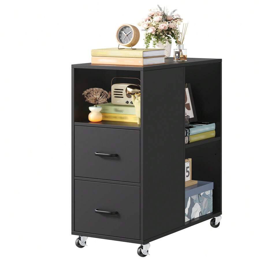 Mobile File Cabinet, Office Filing Cabinet With Open Shelves And Drawers, Under Desk File Cabinet - 黑色 - 查看 1