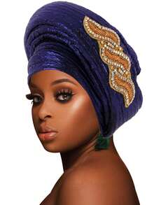1pc African Gele Style Turban, Shiny Velvet Rhinestone Embellished Head Wrap Cap - F - View 15