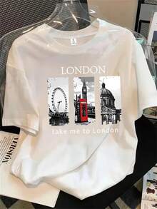 Vestido de invierno de mujer con cuello redondo y manga corta, con un gran estampado de reloj de fondo, apto para todas las estaciones. - Blanco - Ver 1