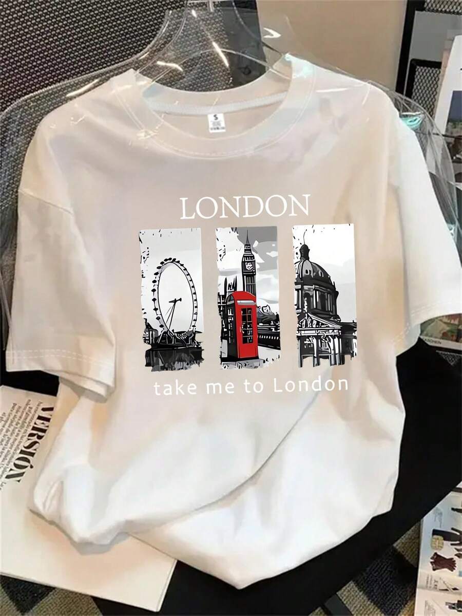 Vestido de invierno de mujer con cuello redondo y manga corta, con un gran estampado de reloj de fondo, apto para todas las estaciones. - Blanco - Ver 1