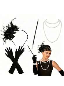 4pcs 1920s Flapper Costume Accessory Set, Includes Sequin Headband, Long Gloves, Prop Cigarette Holder And Multi-Layer Faux Pearl Necklace, Suitable For Vintage Theme Parties And Cosplay,Party - Multicolor - View 6