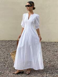 Vestido de mujer de longitud media con cuello en V, mangas abultadas y cintura ceñida, vestido de verano estilo bohemio para vacaciones - Beis - Ver 1