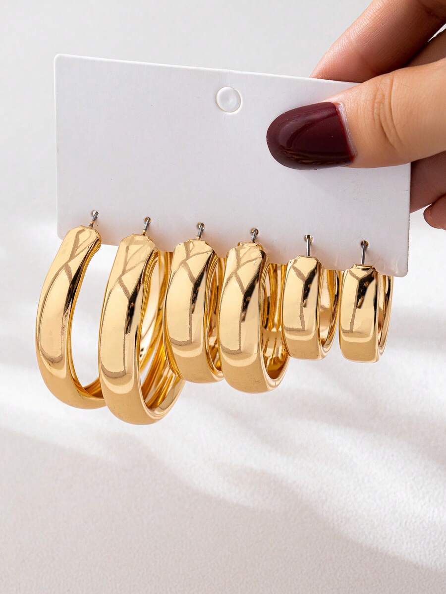 3 Pares/Set de Aretes de Aro Geométricos Circulares con Diseño Minimalista de Moda - Amarillo Oro - Ver 1
