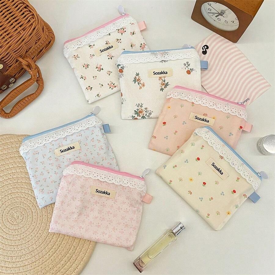 Floral Lace Coin Purse, Fresh Earphone & Data Cable Storage Bag, Lipstick Makeup Pouch - Multicolor - View 1