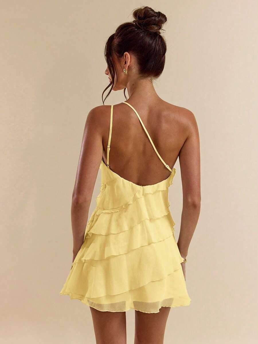 Solid Apricot Mini Dress With Lotus Leaf Overlay Suitable For Daily Dates, Nights Out, Nightclubs, Parties, Meetings, Cocktail Parties, Pool Parties, HAL2 - Yellow - View 1