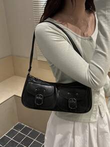 Korean Style Crocodile Embossed Handbag For Women, New Fashion Shoulder Bag, Minimalist Crescent Moon Tote Bag For Women, For Going To Work, Green - 米色 - 查看 4