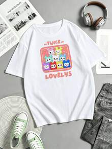 Women's TWICE LOVELYS Pink‑Border Group Cartoon Print Tee, Pure Cotton Adorable K‑Pop Idol Daily T‑Shirt - Black - View 1