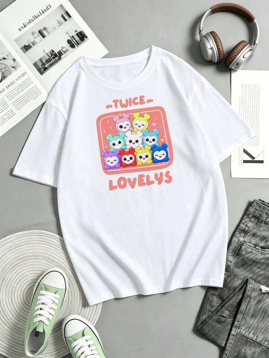 Women's TWICE LOVELYS Pink‑Border Group Cartoon Print Tee, Pure Cotton Adorable K‑Pop Idol Daily T‑Shirt - Black - View 1