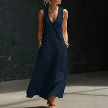 2026 New French Style V-Neck Buttoned Cotton-Linen Sleeveless Tank Dress - 白色 - 查看 3
