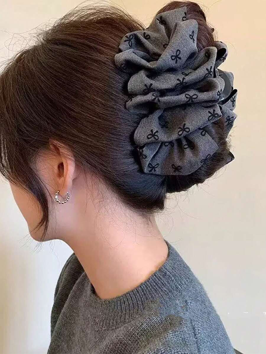 1件灰色蝴蝶結印花泡泡髮夾,女士大號髮夾,優雅後腦髮飾 - 灰色 - 查看 1