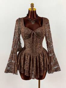 Vestido de línea A con cintura ceñida y escote bajo para mujer de talla grande - Multicolor - Ver 1