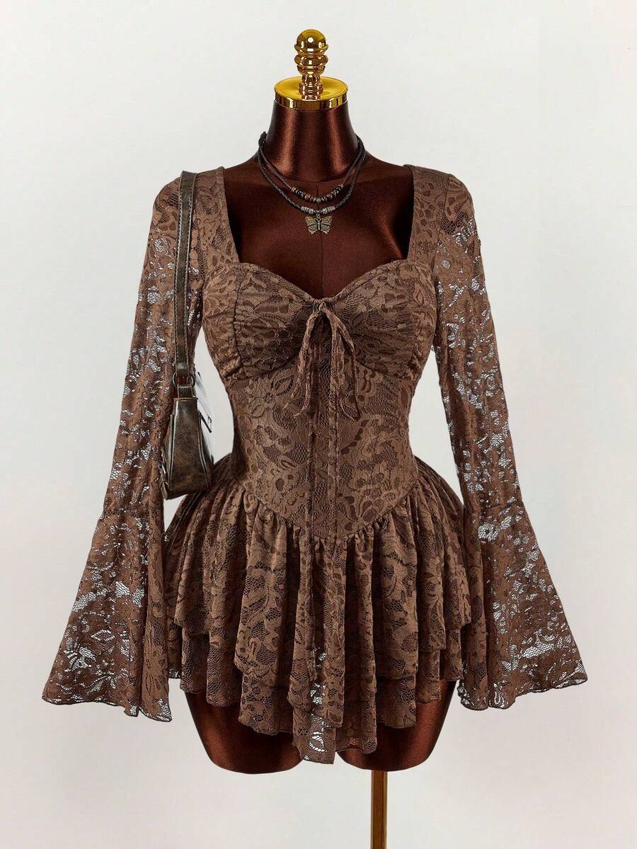 Vestido de línea A con cintura ceñida y escote bajo para mujer de talla grande - Multicolor - Ver 1