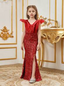 Vestido de sirena con lentejuelas y panel de tull para niña preadolescente sin hombros - Rojo - Ver 1