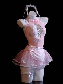 "Pink Lady" Cosplay Transparent Sister Costume (Headband + One-Piece Mesh Dress + Apron + Leg Garters + Thong), Alluring And Charming Lace Sheer Romantic Sleepwear, Seductive Hollow-Out Romantic Nightdress, Ideal For Couples' Outings - 粉紅色 - 查看 3