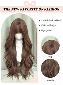 [MONEET SECRET] 28 Inch Long Loose Wavy Synthetic Wig, Light Chestnut Brown With Air Bangs, Heat-Resistant Synthetic Fiber, Natural Flowing Soft Curly Hair Wig For Women, Suitable For Daily Wear, Dating, Party, Cosplay, Fashion Style, Halloween - Brown - View 4