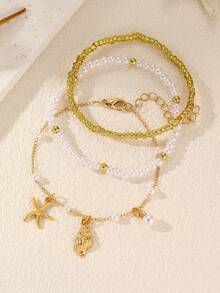 3pcs/Set Girls Pearl Beaded Starfish & Shell Pendant Bracelet Set, Suitable For Daily Decoration - Multicolor - View 4