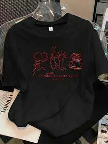 Top de mujer de manga corta y cuello redondo con estampado de rosas rojas, apto para todas las estaciones. - Negro - Ver 1