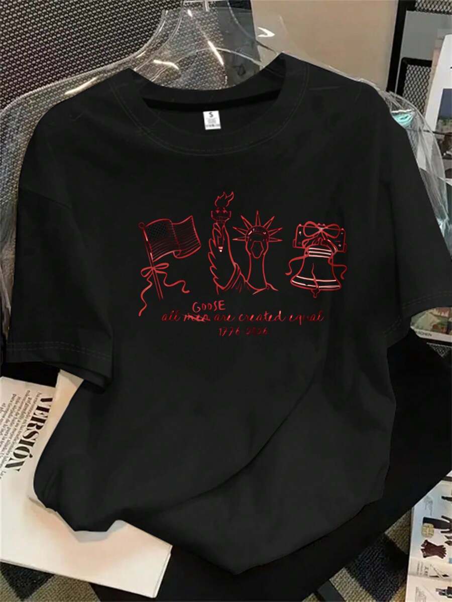 Top de mujer de manga corta y cuello redondo con estampado de rosas rojas, apto para todas las estaciones. - Negro - Ver 1