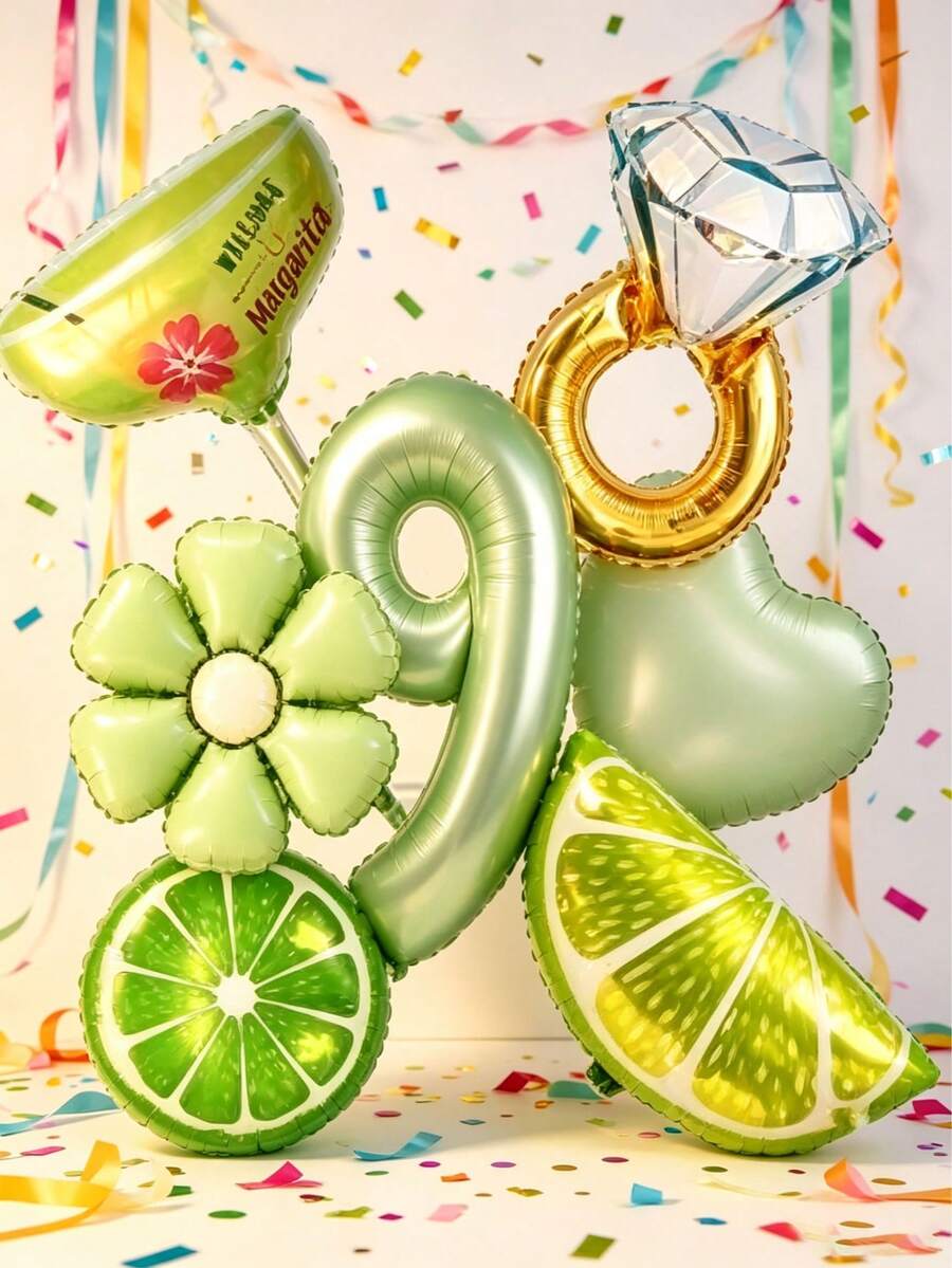 夏季氣球套組,包含橄欖綠數字鋁箔氣球、萊姆綠鋁箔氣球、圓環鋁箔氣球、花朵鋁箔氣球等,適合作為女兒生日禮物,也適合夏季泳池派對及其他場景裝飾 - 查看 1
