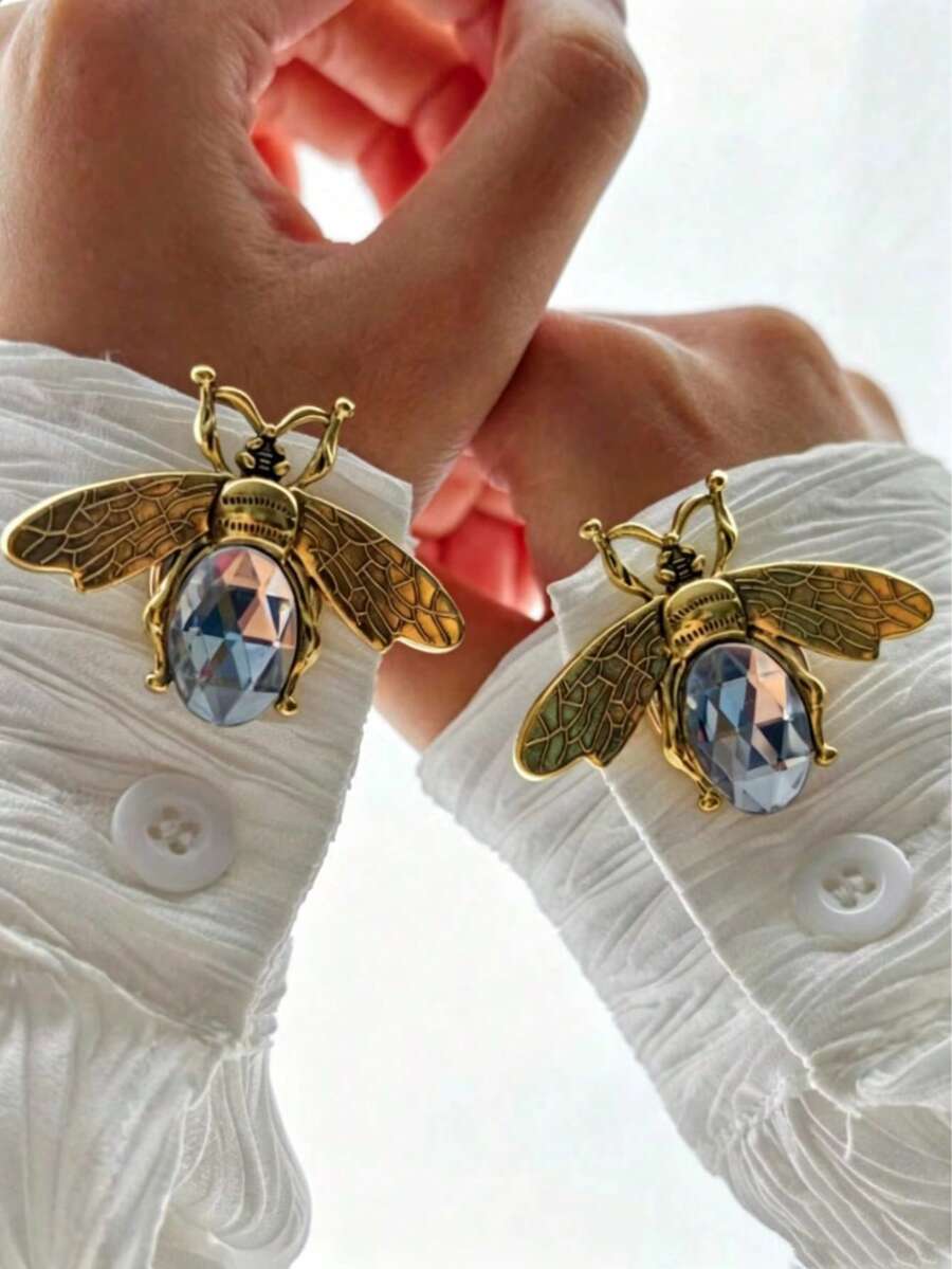 2pcs Shirt Button Set, Diamond Insect Pattern Diamond Cufflinks, Vintage Cufflinks, Clip-On Buttons, Suitable For Dresses, Weddings, Formal Wear Decoration, Clothing Accessories, Gifts And Christmas Party Decorations - Gold - View 1