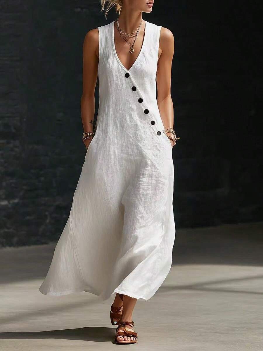 2026 New French Style V-Neck Buttoned Cotton-Linen Sleeveless Tank Dress - 白色 - 查看 1