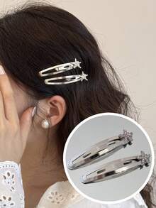 2pcs Niche Design Rhinestone Starfish Gentle Metal BB Hair Clips, Minimalist Versatile Bangs Side Hair Clips - Multicolor - View 1