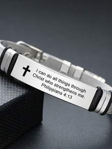 1pc Mesh Cross Scripture Stainless Steel Bracelet For Men, Silver Color, Adjustable Length, Christian - 520 - View 5