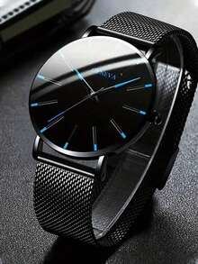 2pcs/Set Conjunto de Relojes de Moda Minimalista para Hombres, Reloj de Cuarzo con Correa de Malla & Banda de Acero - Negro - Ver 2
