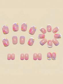 24pcs Of Short Square-Shaped False Nails. Ice-Transparent Nude Powder Contrasted With Daisy-Style False Nails. Spring And Summer Fresh And Sweet Style Fake Nails. Press-On Nails. Removable Fake Nails - Multicolor - View 2