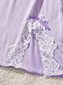 2-Piece Set Women's Lace Patchwork Color-Blocking Bow Decoration Split Hem Nightdress With Matching Underwear - Valentine's Day - 淡紫色 - 查看 5