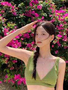 Korean Fashion Women's Two-Piece Bikini Bikini Set - Sexy Strapless Stripe Design - Cute Summer New Arrival - Eye-Catching Design - Perfect For The Beach, Travel, And Adults - UV Protection - Green - View 2