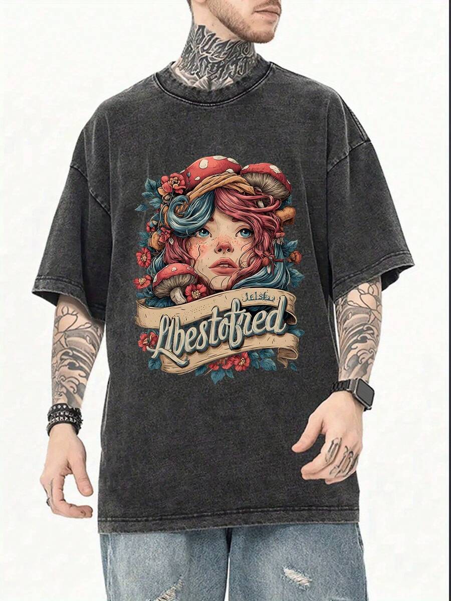Una camisa casual de hombre hecha de 100% algodón, con mangas cortas y un diseño retro único con gráficos de chica e impresiones de letras. Tiene un ajuste holgado con tela de punto, es adecuada para el uso diario, es elástica y se puede lavar a máquina. - Negro - Ver 1