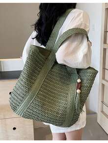 Bolso de mano de ganchillo estilo bohemio, silueta de gran capacidad con elementos naturales, primera opción de los fashionistas, ligero y llamativo, añade un toque casual tropical a cualquier atuendo - Verde - Ver 4