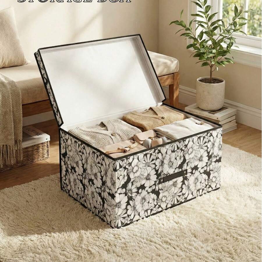 1pc Foldable Fabric Storage Box With Lid, Large Capacity Clothes Organizer, Wardrobe Storage Container, Home Dust-Proof Storage Box, Printed Pattern Storage Solution, Multi-Purpose Foldable Organizer - Plain Floral Storage Box - View 1